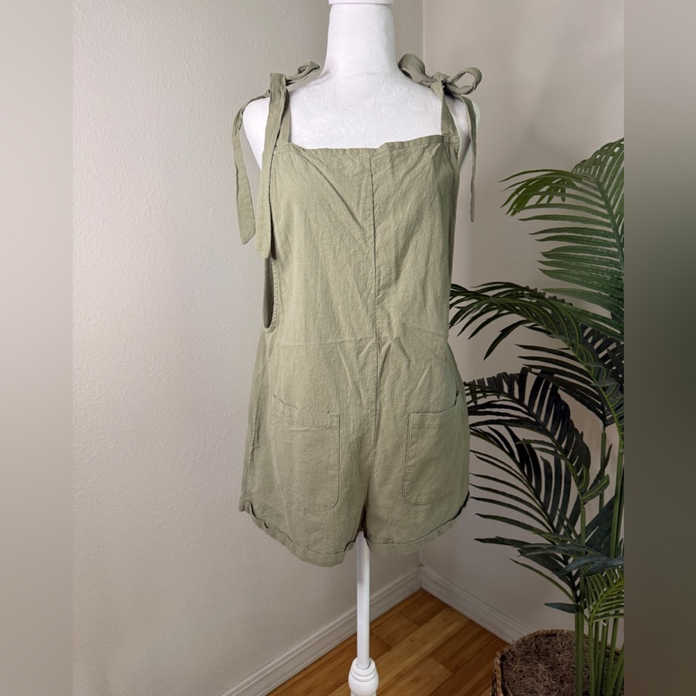 Sage Green Bow Tie Romper with Pockets